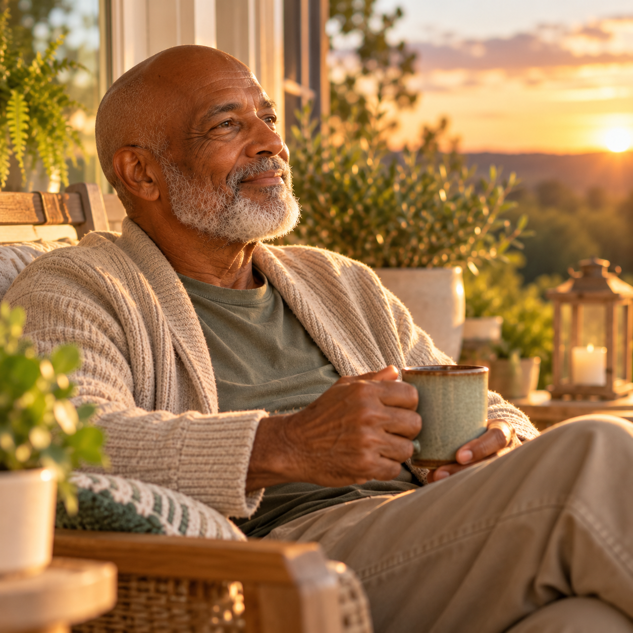 Older man relaxing on a porch at sunset with a warm mug, gazing into the distance with a peaceful smile