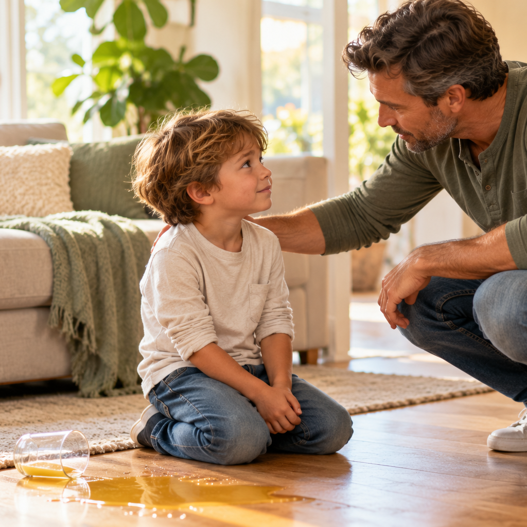 Father kneeling at his son’s eye level after a spilled drink, responding with compassion instead of anger