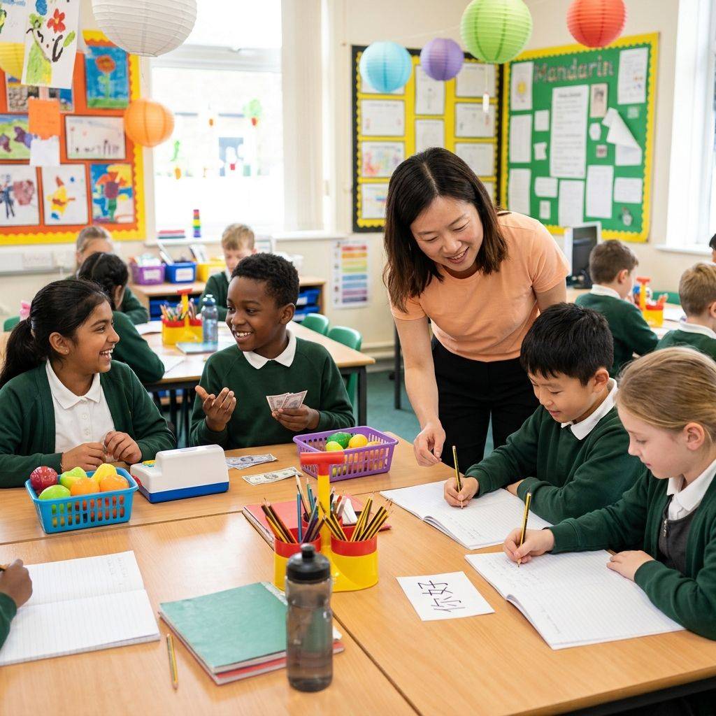 KS2 pupils practising spoken Mandarin in a primary classroom