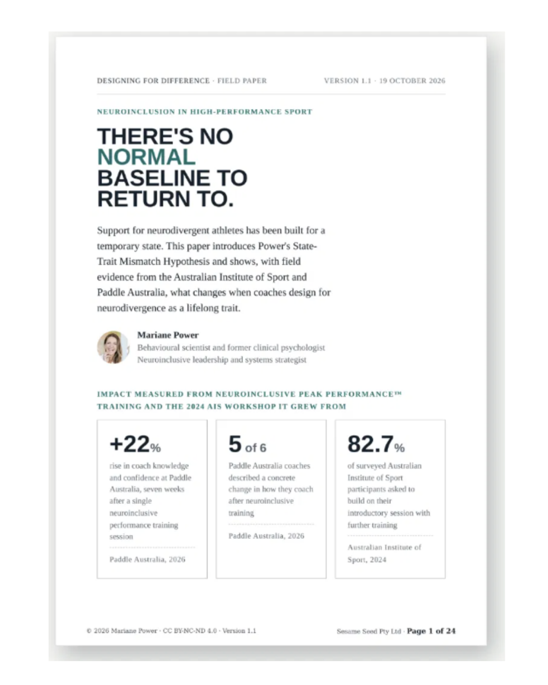 Front page of the white paper Designing for Difference by Mariane Power, headlined: There's no normal baseline to return to