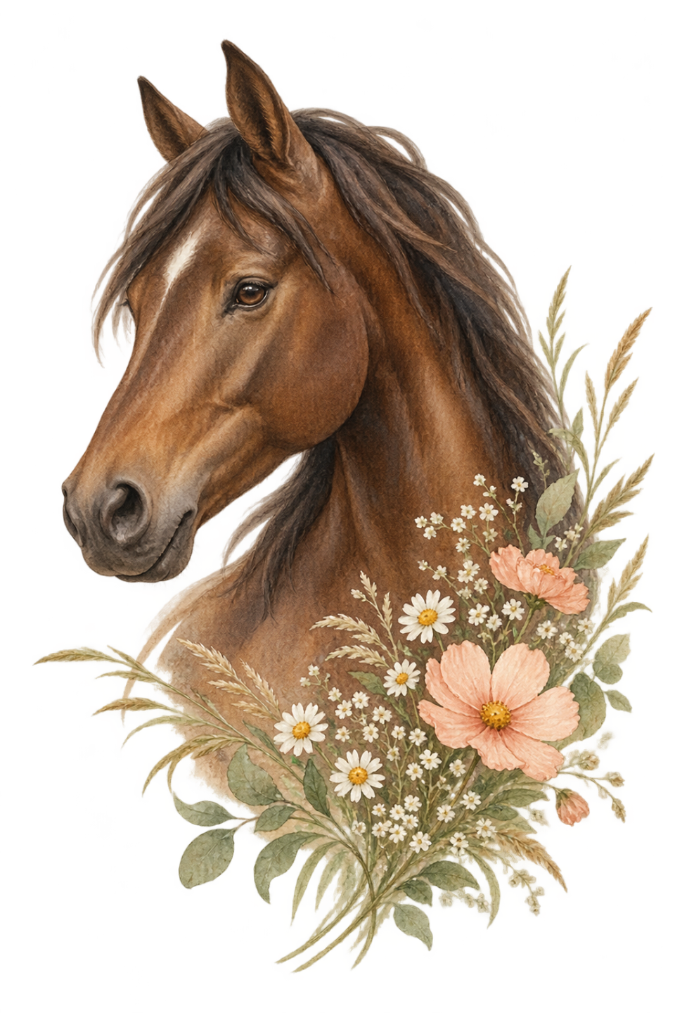 草花を添えた水彩の馬