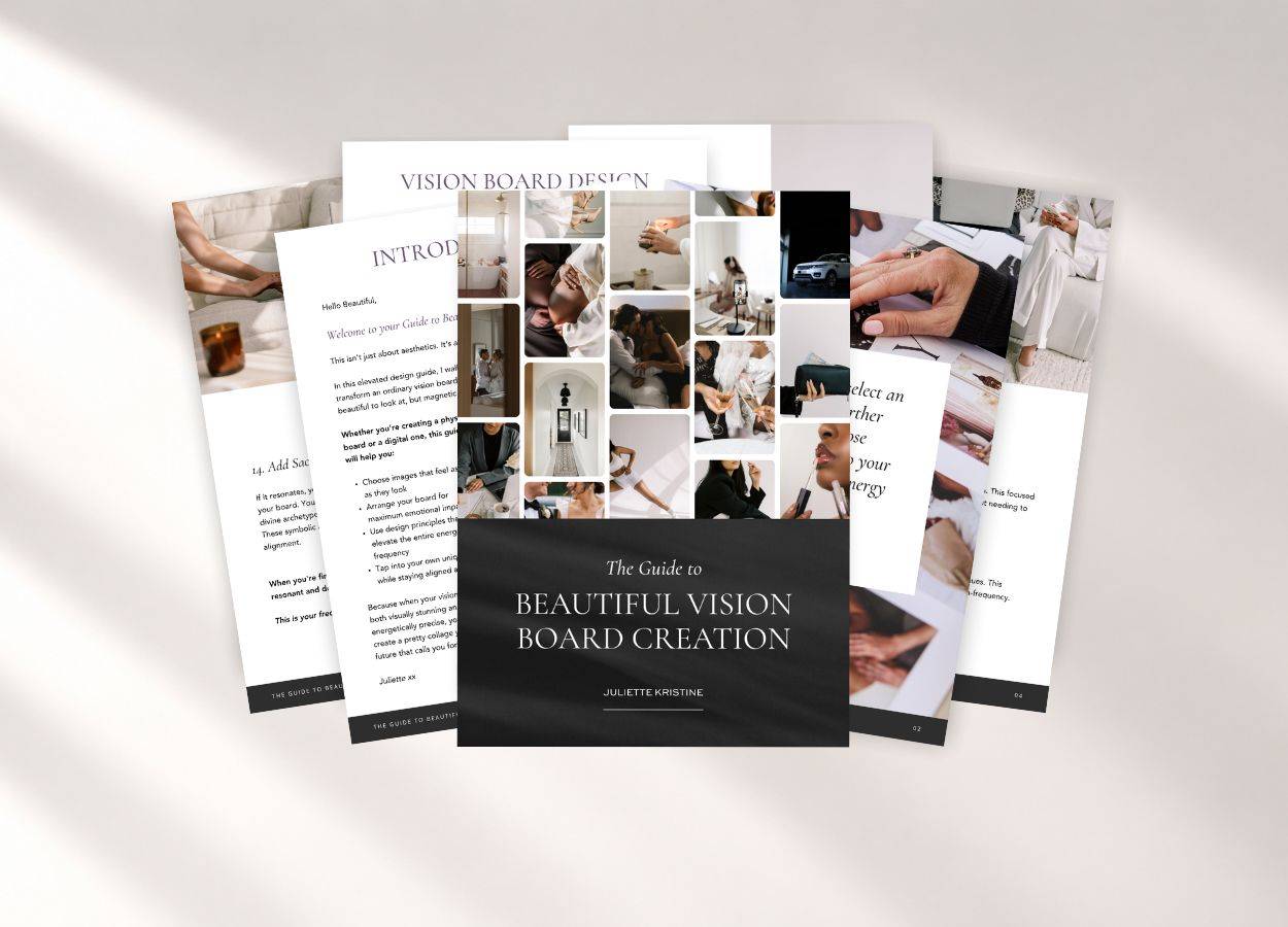 Guide to Beautiful Vision Board Creation featuring design principles, imagery and layout inspiration.