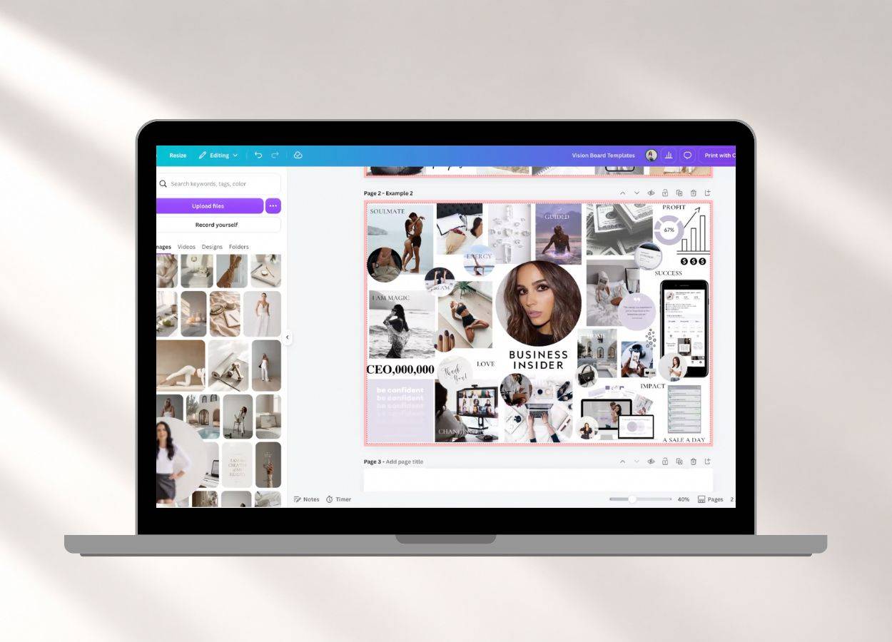 Canva Vision Board customisation tutorial showing how to personalise images and layouts.
