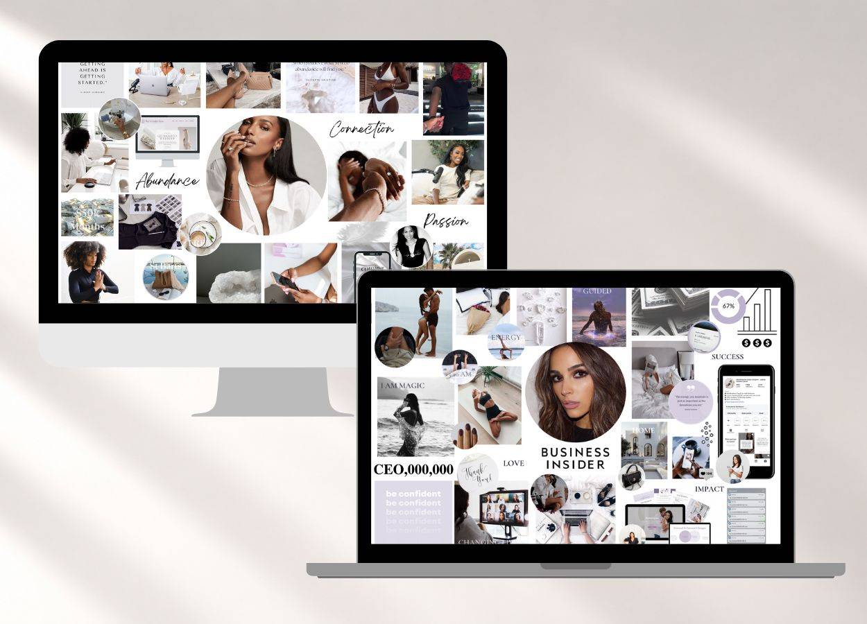 Two customisable Canva Vision Board templates displayed on a desktop computer and laptop.
