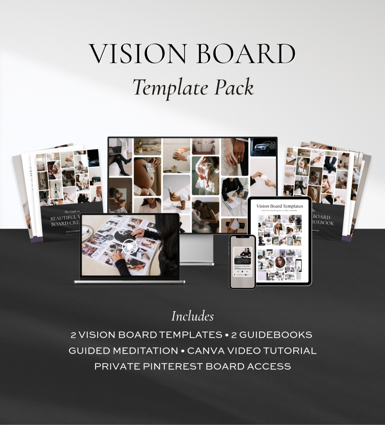 Vision Board Template Pack featuring customisable Canva templates, creative guidebooks and digital resources by Juliette Kristine.