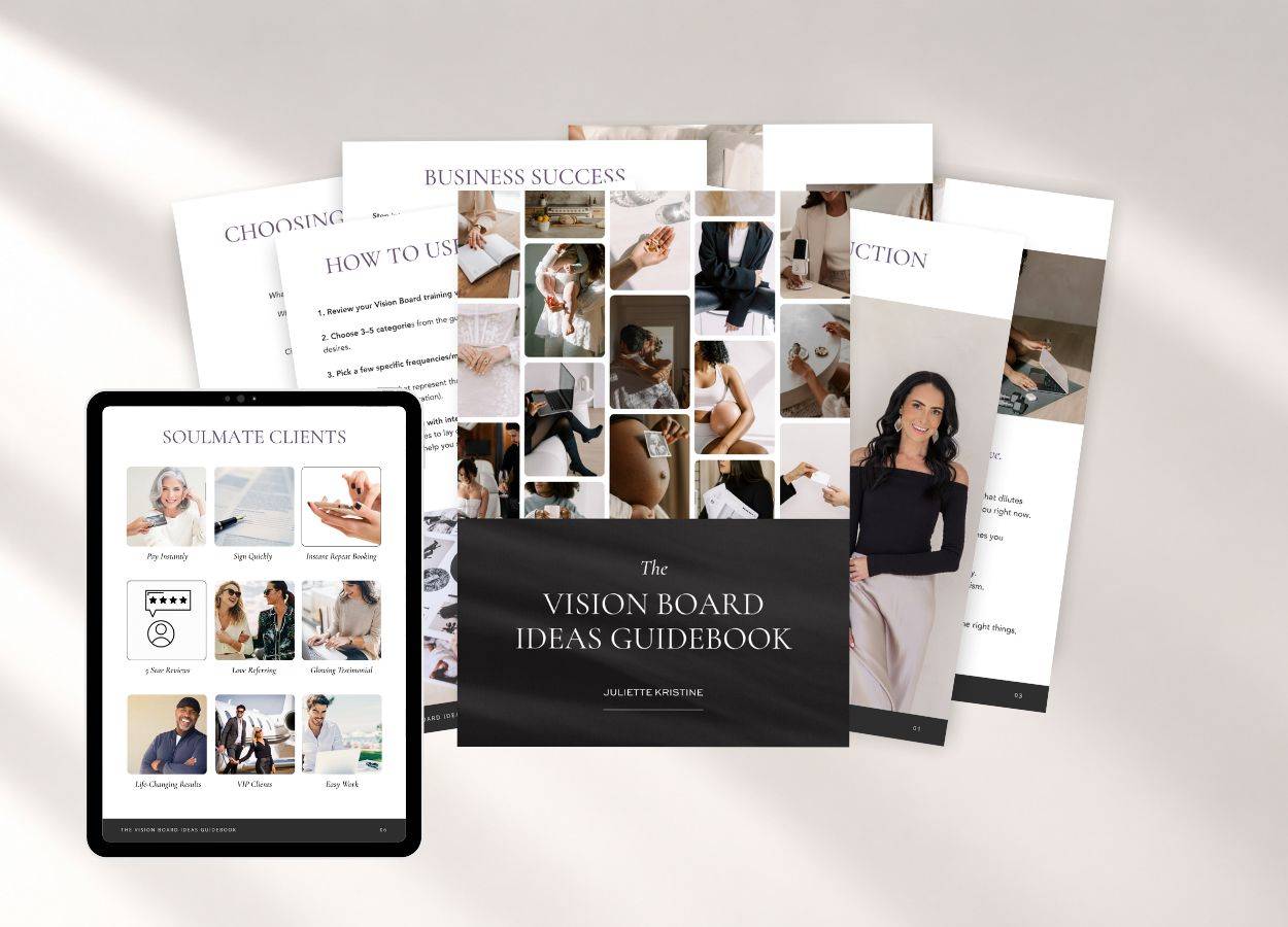 Vision Board Ideas Guidebook featuring inspirational imagery, manifestation ideas and visual examples.