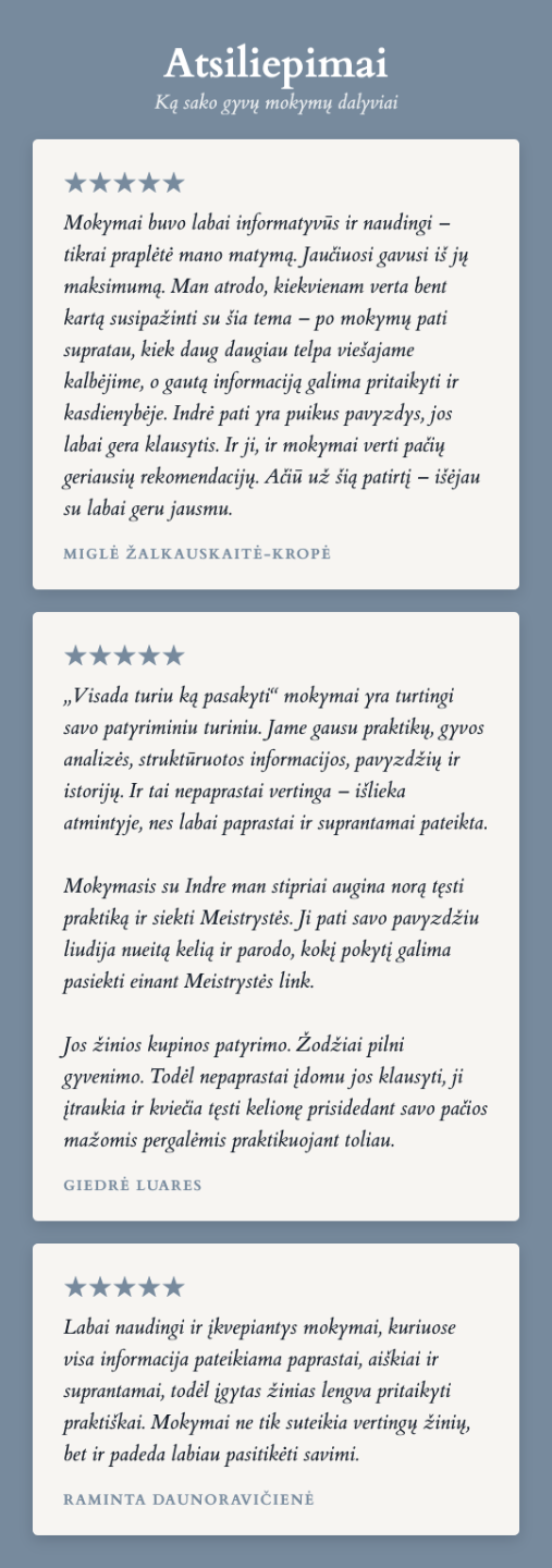 Mokymų dalyvių atsiliepimai
