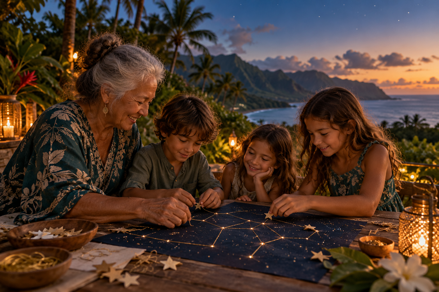 Concept image of children and an elder creating a constellation map in Kauaʻi
