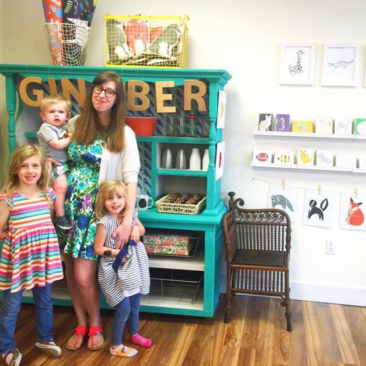 Stacie Bloomfield with her kids in the Gingiber shop