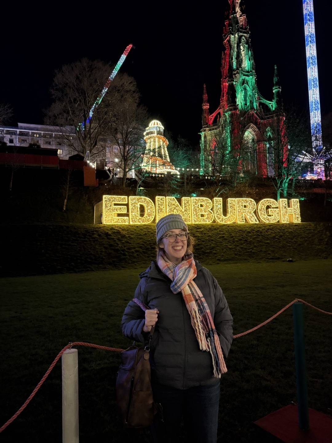 Stacie Bloomfield at night in Edinburgh, Scotland
