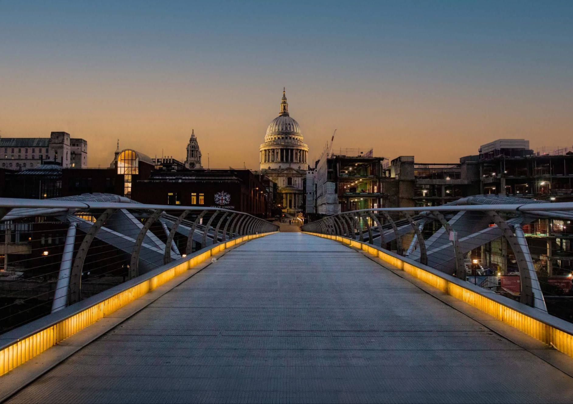 Millennium Bridge leading to St Paul’s Cathedral at dusk, London, street photography by Mark Kaye