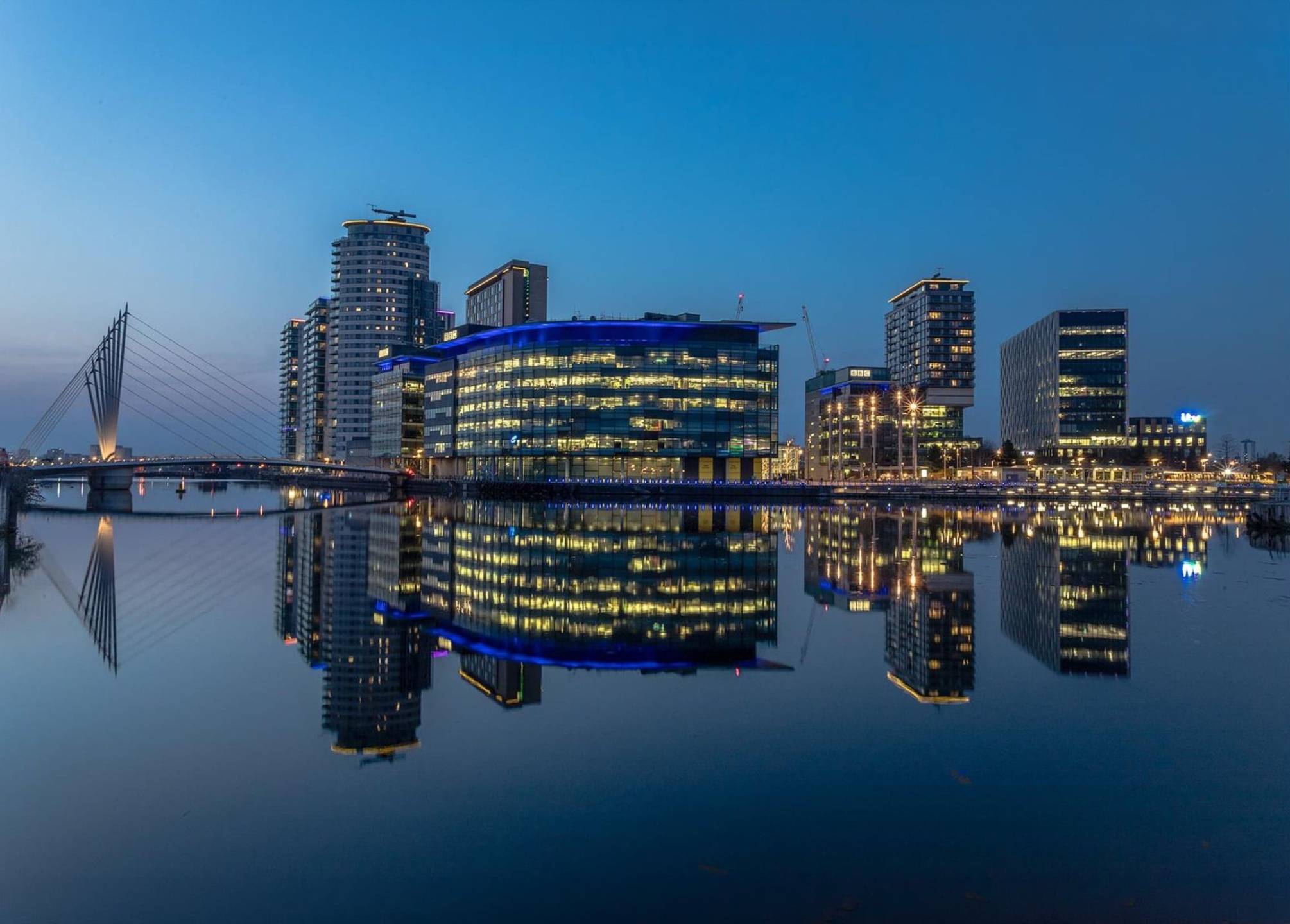 MediaCityUK reflected in the water at blue hour, Salford Quays, street photography by Mark Kaye