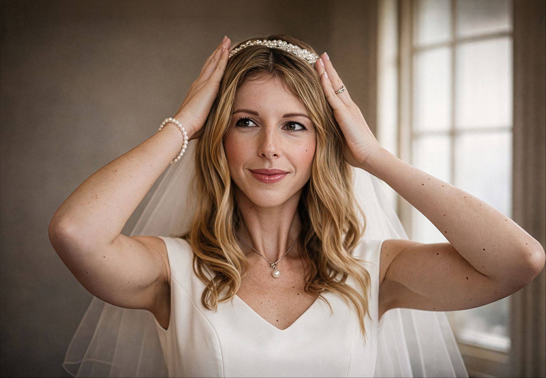 Bride Katie portrait in window light on her wedding day, portrait photography by Mark Kaye