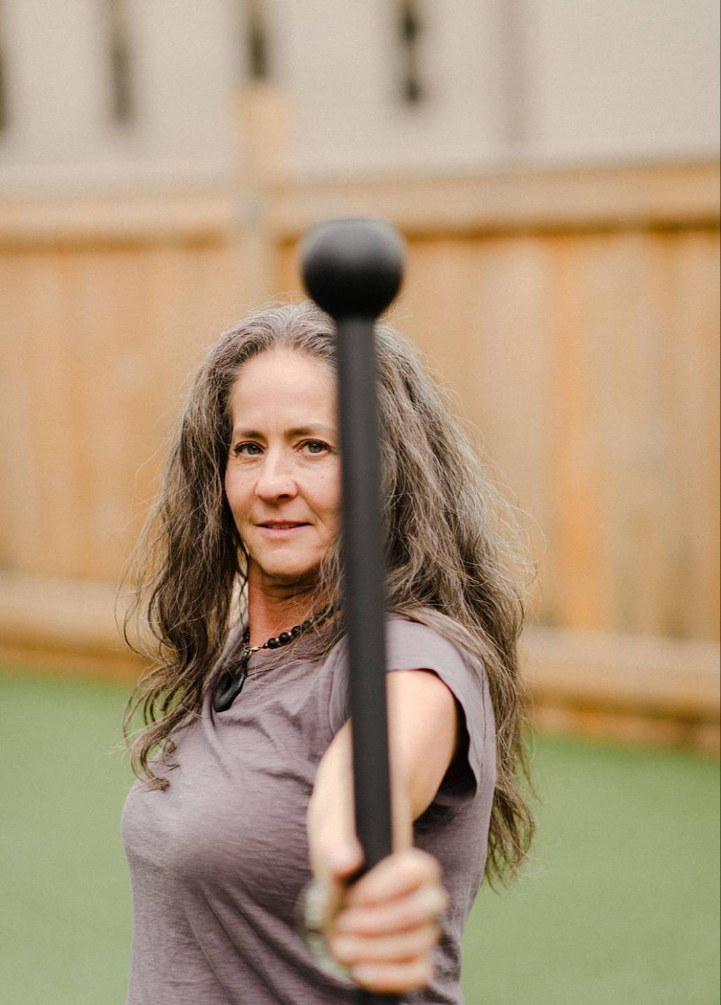 Shirlee Williams holding a steel mace