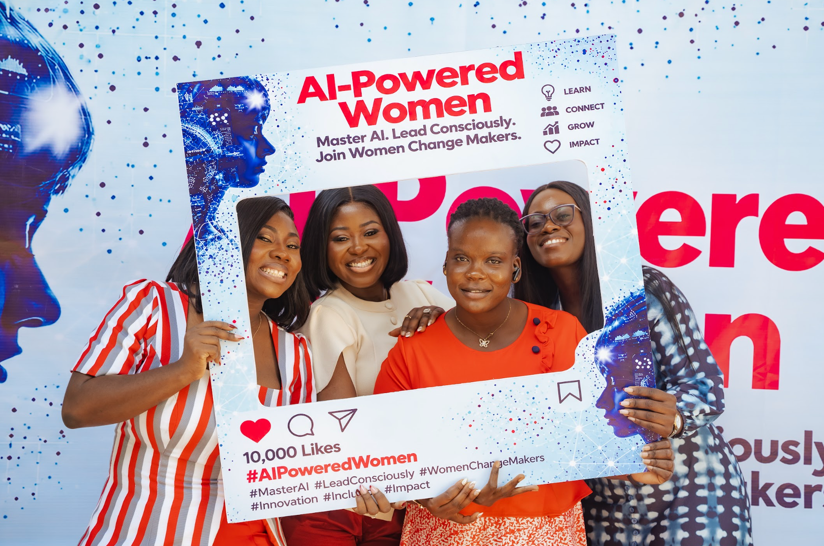 Four women celebrating together at the AI-Powered Women Ghana launch