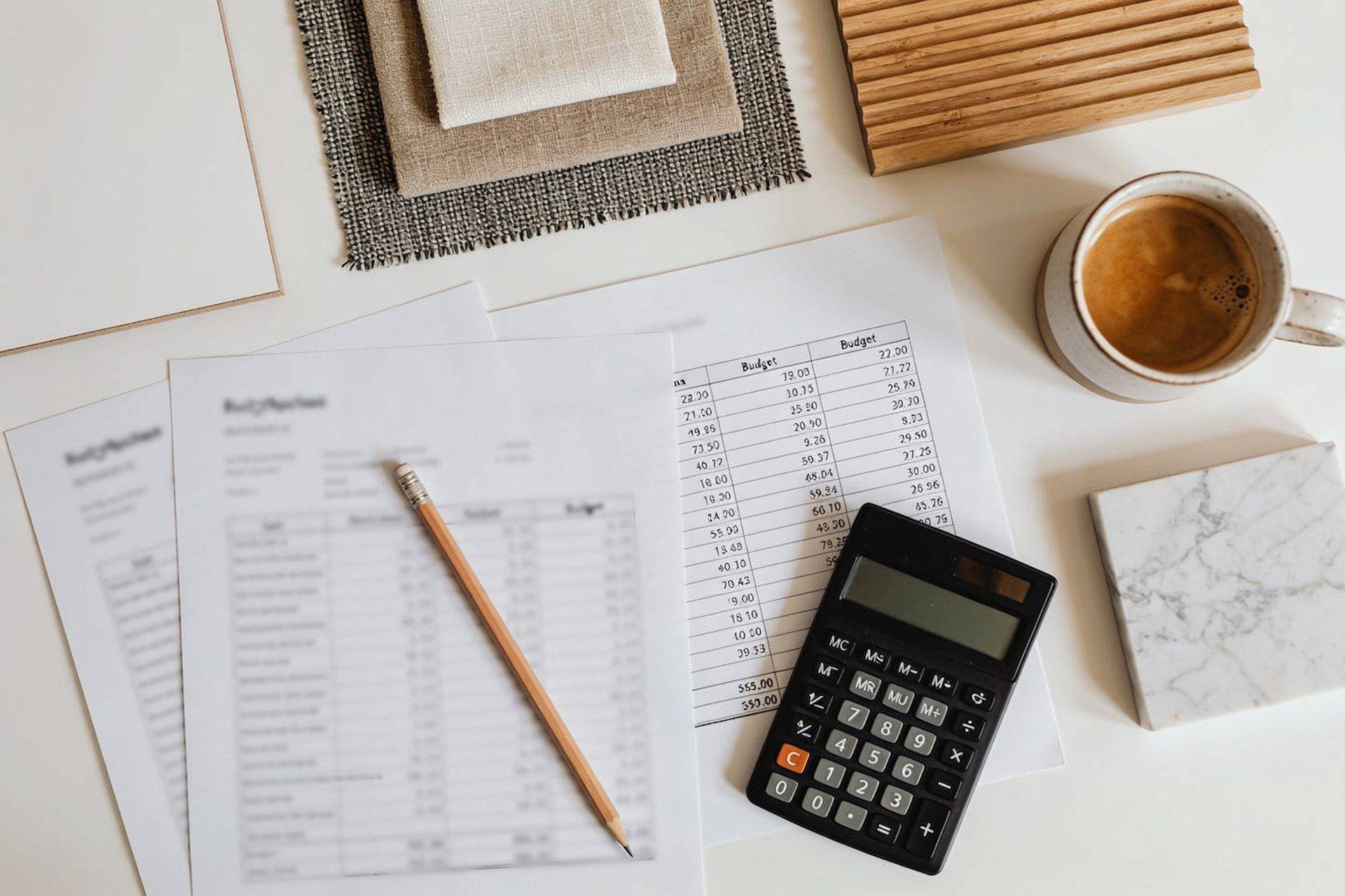 Presupuesto, calculadora y muestras de materiales sobre una mesa