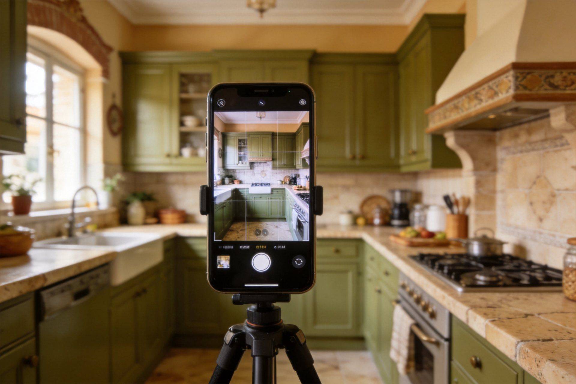 Móvil en un trípode grabando una cocina