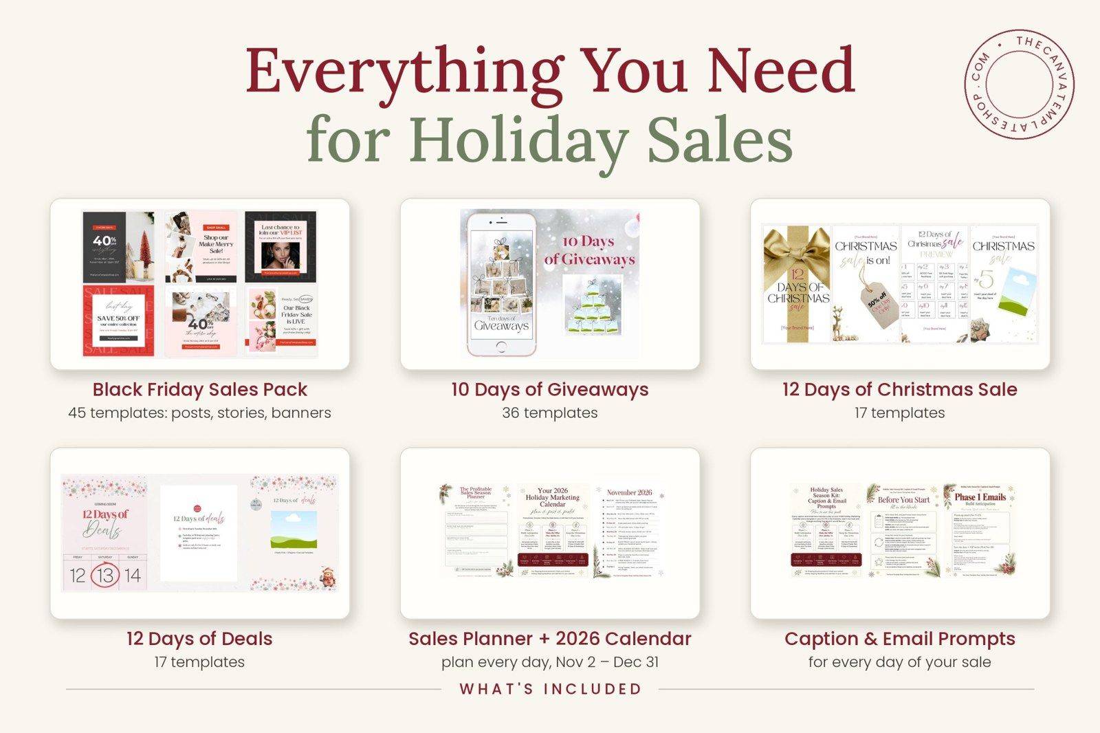 The Holiday Sales Season Kit: Black Friday Sales Pack, 10 Days of Giveaways, 12 Days of Christmas Sale, 12 Days of Deals, Sales Planner and Caption & Email Prompts