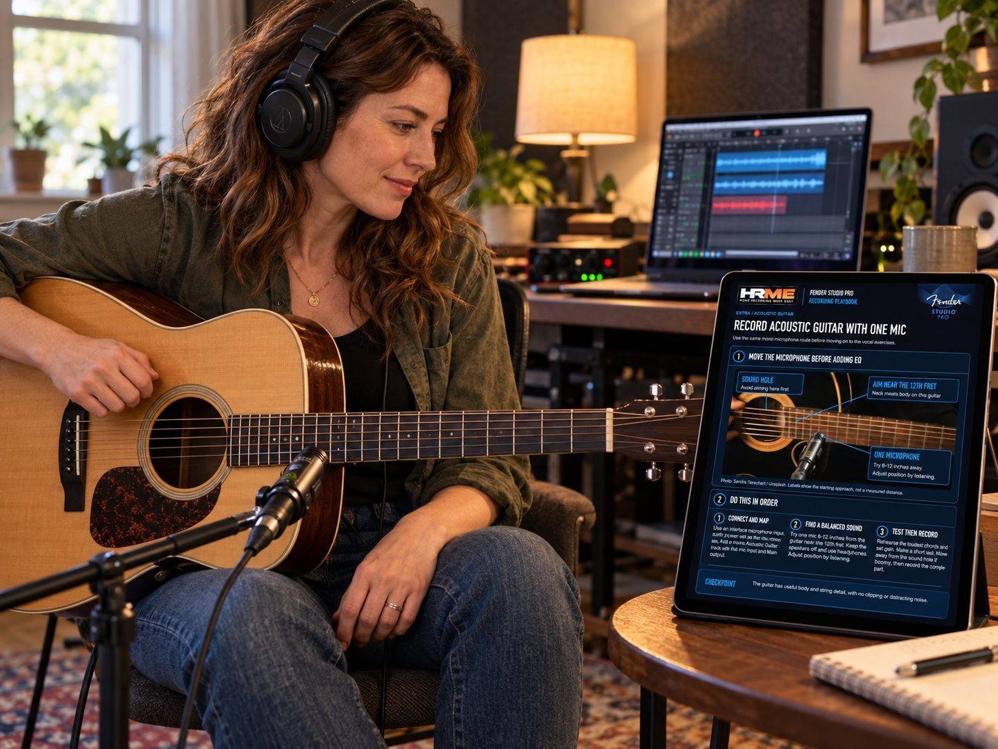 Student recording acoustic guitar with the fender studio pro recording playbook