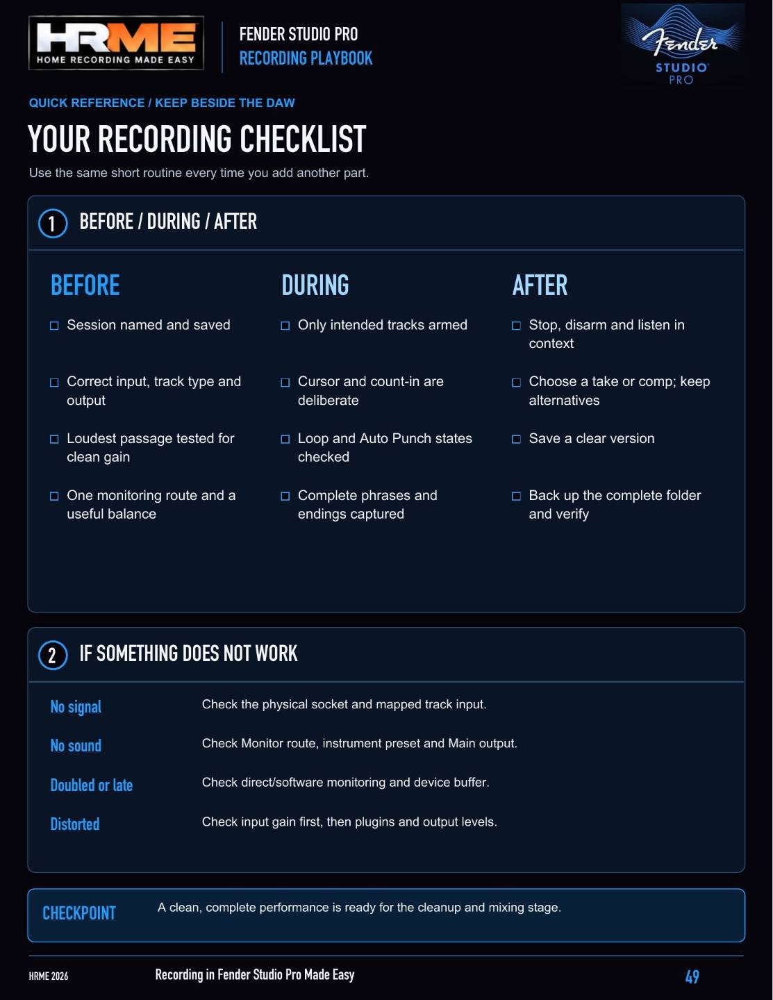 recording checklist from the Fender Studio Pro Recording Playbook