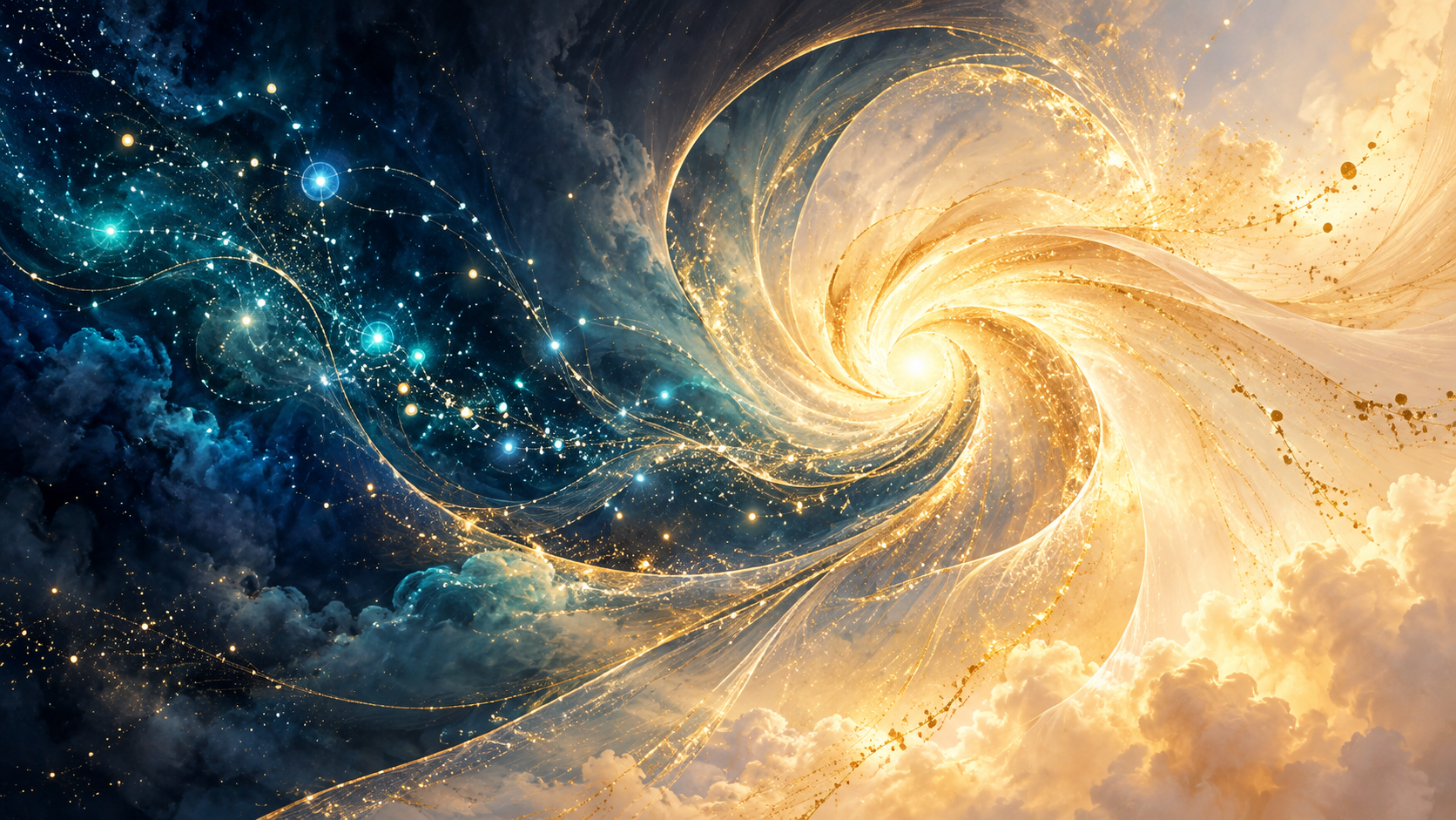 Golden spiral and blue points of light, suggesting creativity and technology