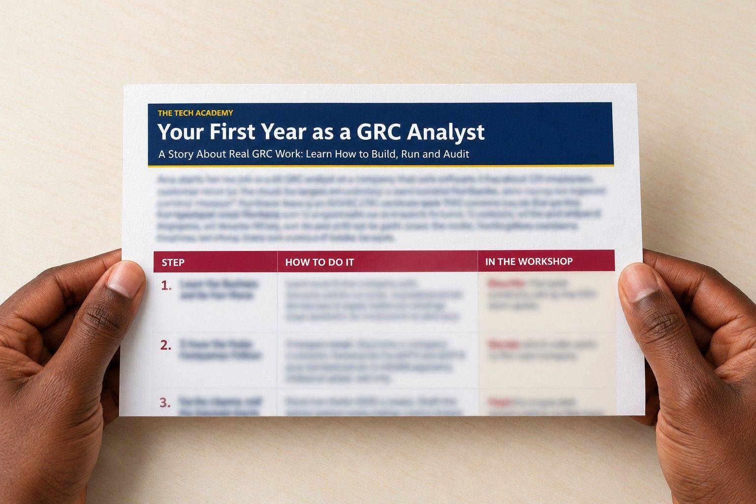 Hands holding a cropped preview of Your First Year as a GRC Analyst, with blurred body text