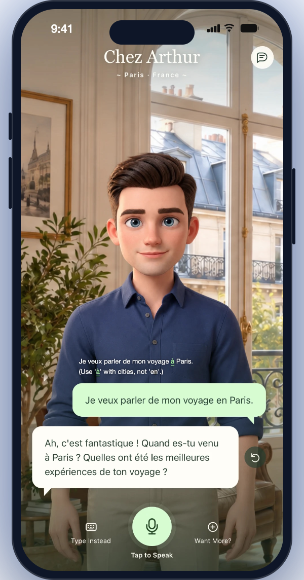 Arthur app: you say "en Paris", the app corrects it to "à Paris", and Arthur asks when you came