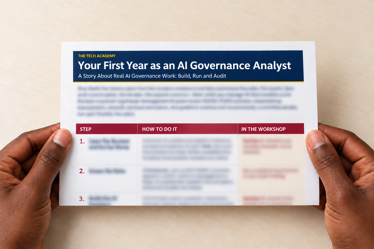 Hands holding a cropped preview of Your First Year as an AI Governance Analyst, with blurred body text