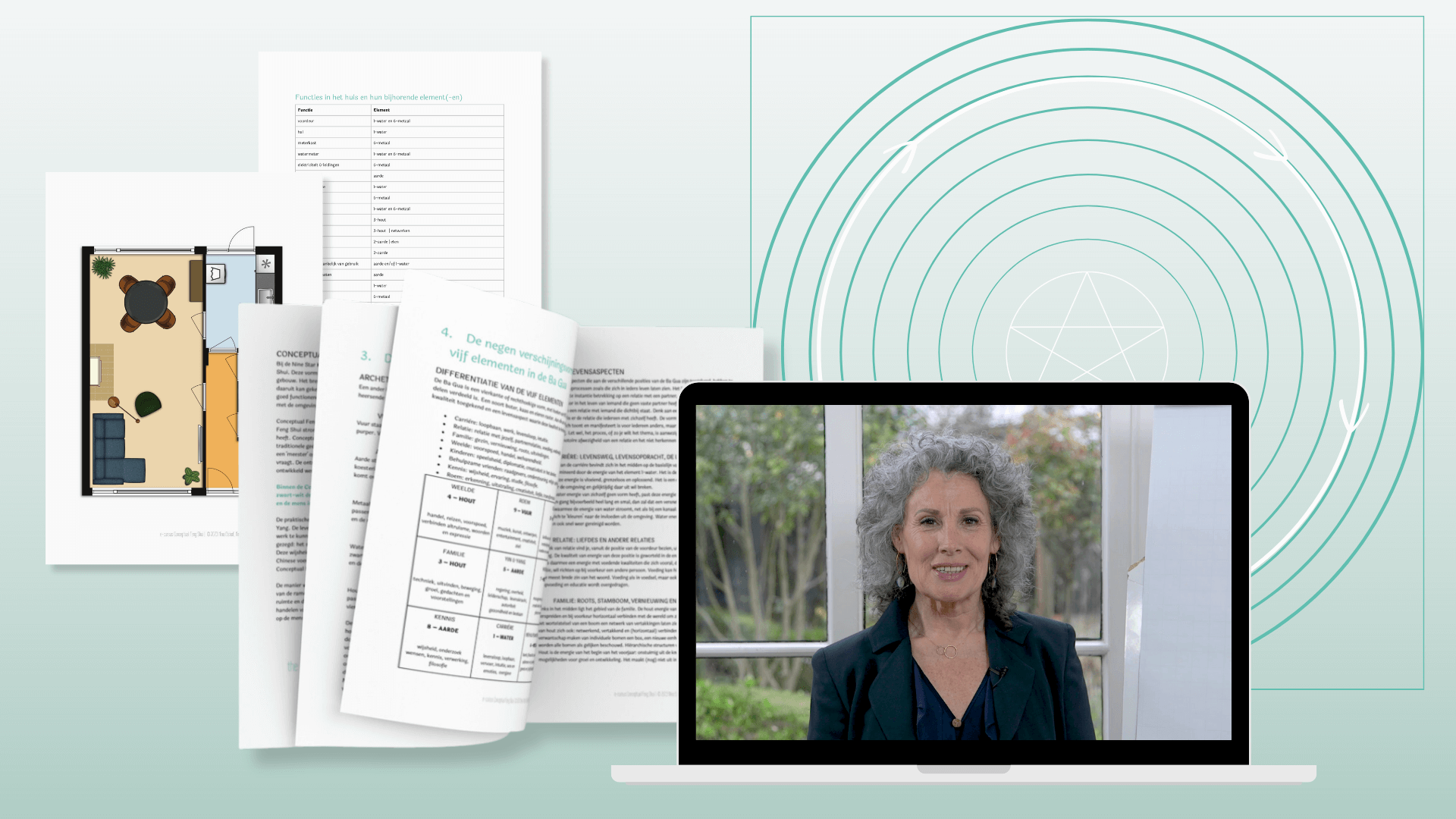 Illustratie van de leeromgeving en materialen in de e-cursus Conceptual Feng Shui