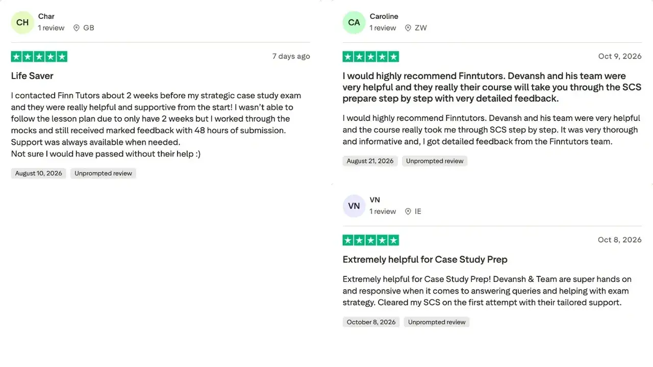 Trustpilot review by VN: Extremely helpful for Case Study Prep. Extremely helpful for Case Study Prep! Devansh & Team are super hands on and responsive when it comes to answering queries and helping with exam strategy. Cleared my SCS on the first attempt with their tailored support.