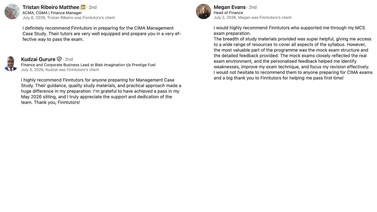 LinkedIn recommendation by Kudzai Gurure: I highly recommend Finntutors for anyone preparing for Management Case Study. Their guidance, quality study materials, and practical approach made a huge difference in my preparation. I'm grateful to have achieved a pass in my May 2026 sitting, and I truly appreciate the support and dedication of the team. Thank you, Finntutors!