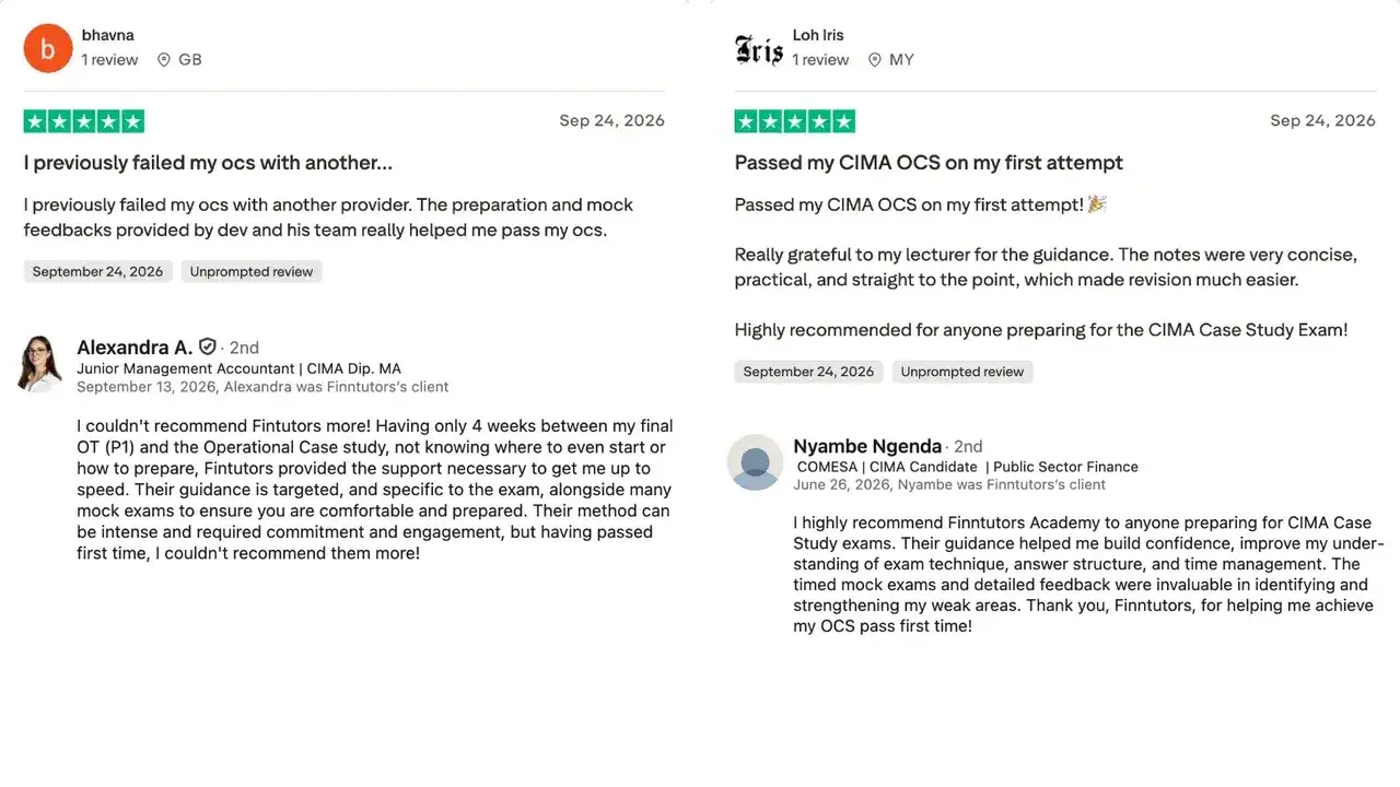 LinkedIn recommendation by Nyambe Ngenda: I highly recommend Finntutors Academy to anyone preparing for CIMA Case Study exams. Their guidance helped me build confidence, improve my understanding of exam technique, answer structure, and time management. The timed mock exams and detailed feedback were invaluable in identifying and strengthening my weak areas. Thank you, Finntutors, for helping me achieve my OCS pass first time!
