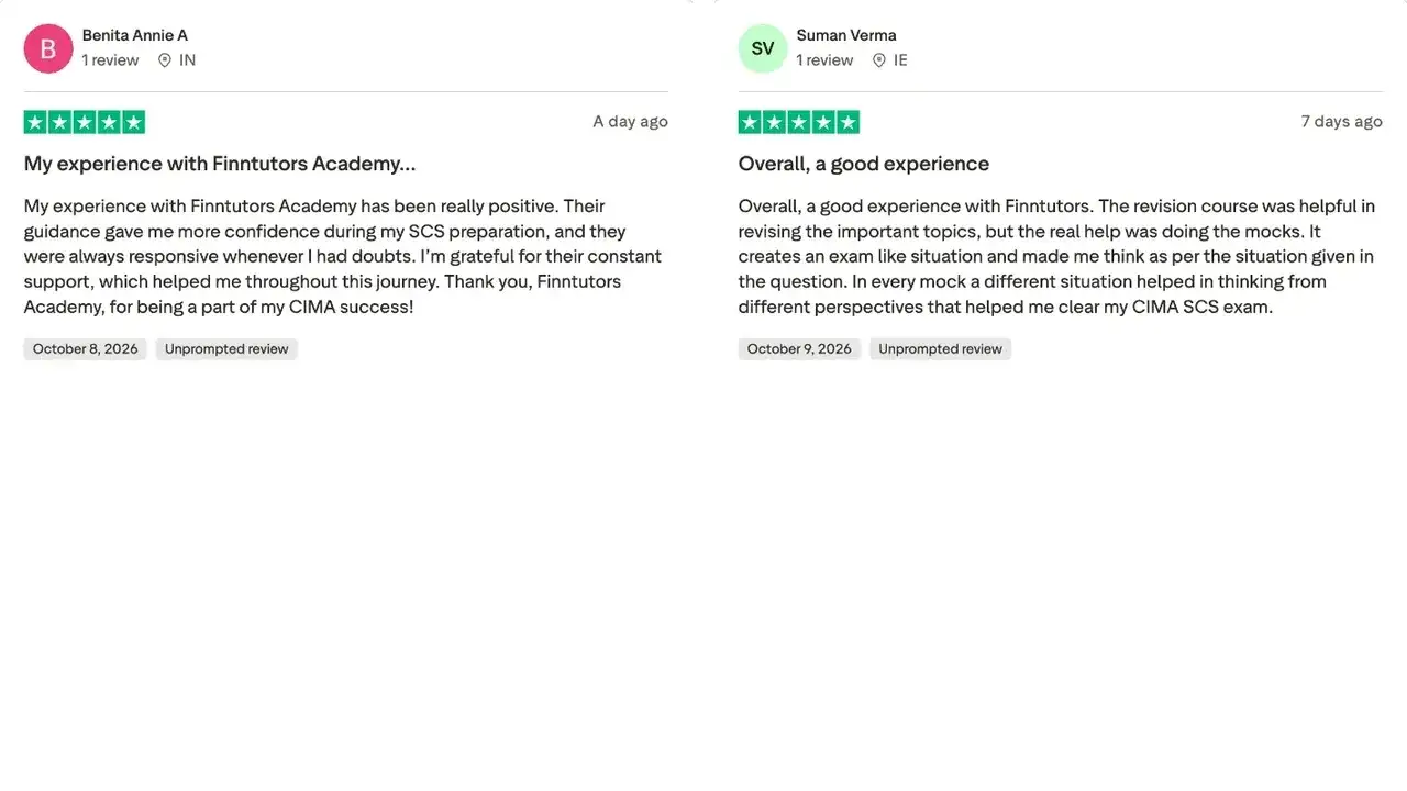 Trustpilot review by Benita Annie A: My experience with Finntutors Academy…. My experience with Finntutors Academy has been really positive. Their guidance gave me more confidence during my SCS preparation, and they were always responsive whenever I had doubts. I’m grateful for their constant support, which helped me throughout this journey. Thank you, Finntutors Academy, for being a part of my CIMA success!