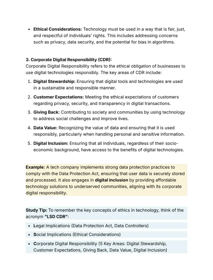 Notes page on corporate digital responsibility with a worked example and a study tip