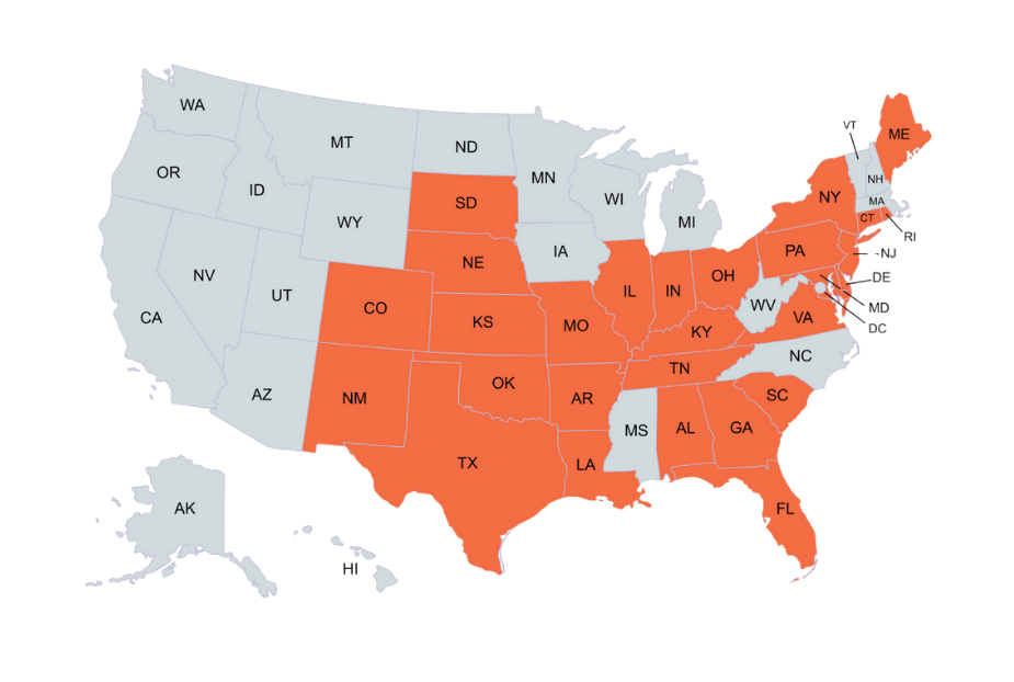 US map with highlighted states