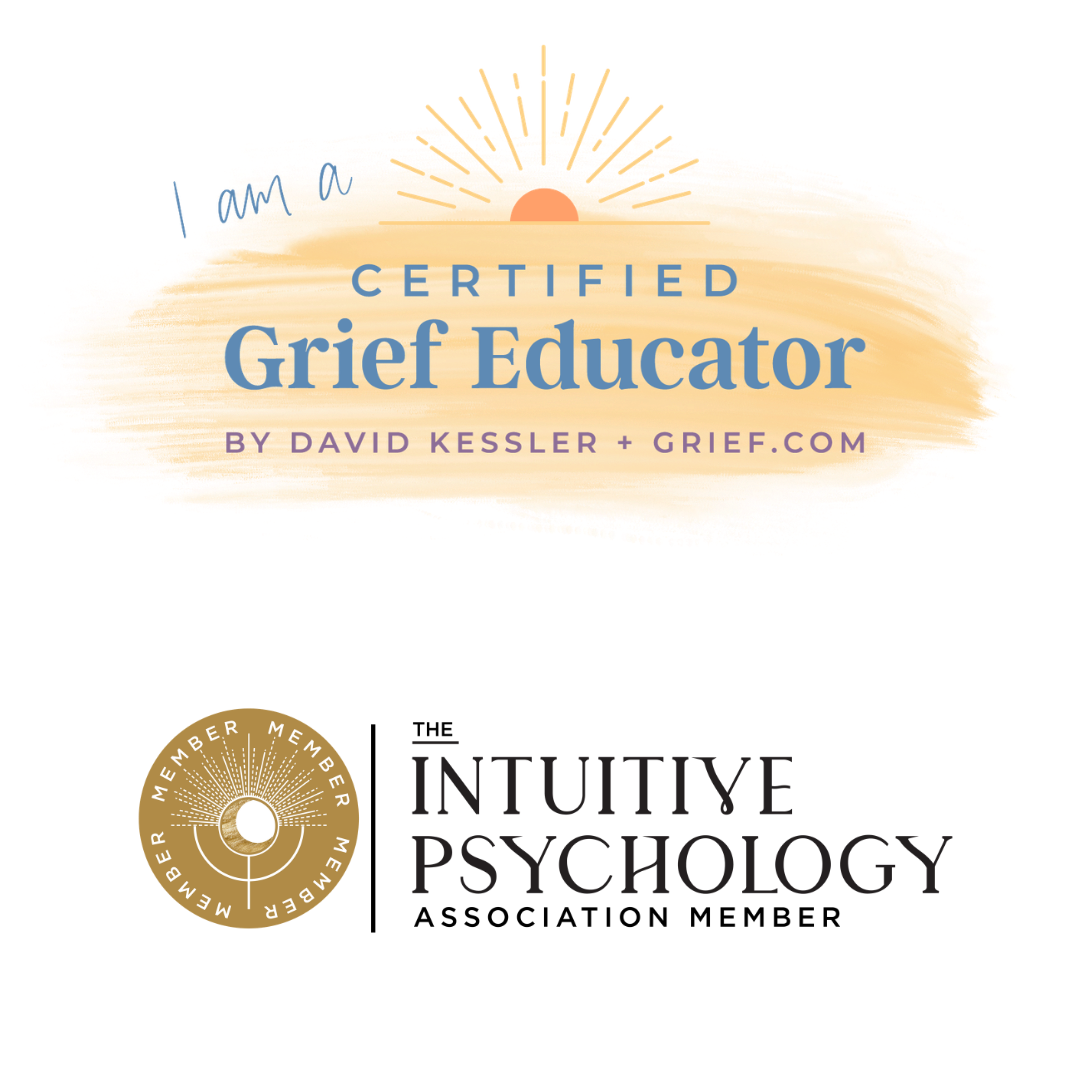 A gold and blue badge with the text 'Certified Grief Educator by David Kessler - Grief.com,' signifying completion of a grief education program.