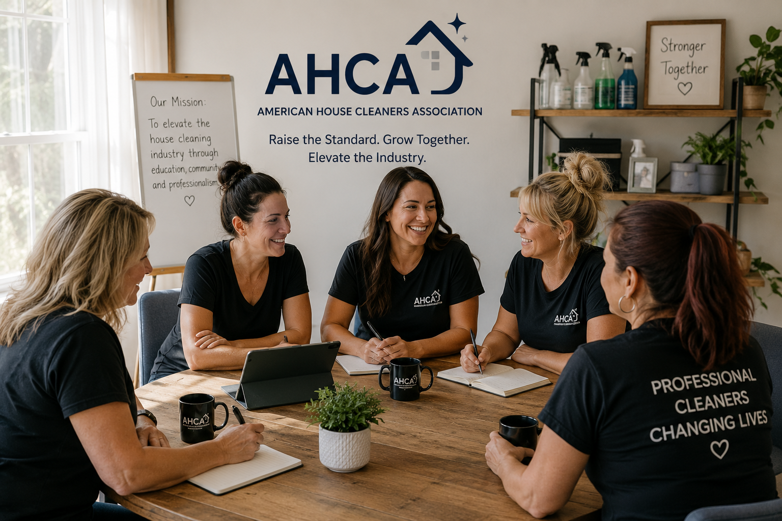 American House Cleaners Association professionals collaborating during an AHCA cleaning industry leadership meeting