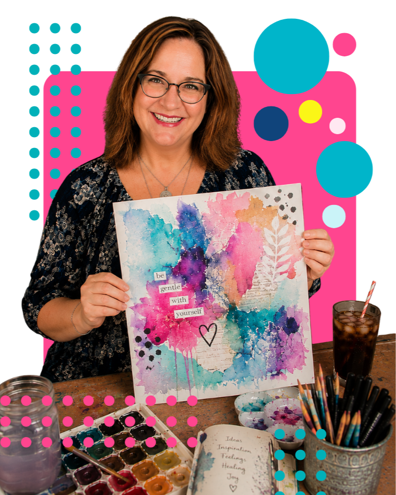 Funky image of Barbara Lynn Burns holding up artwork