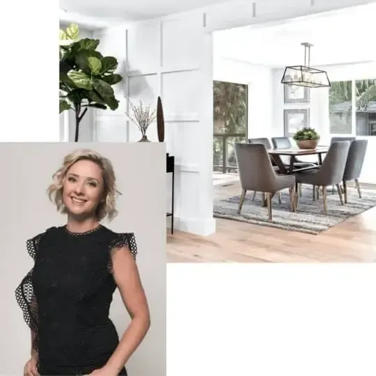 two pictures stacked. one is off dining room with white walls and gray chairs and another is a headshot 