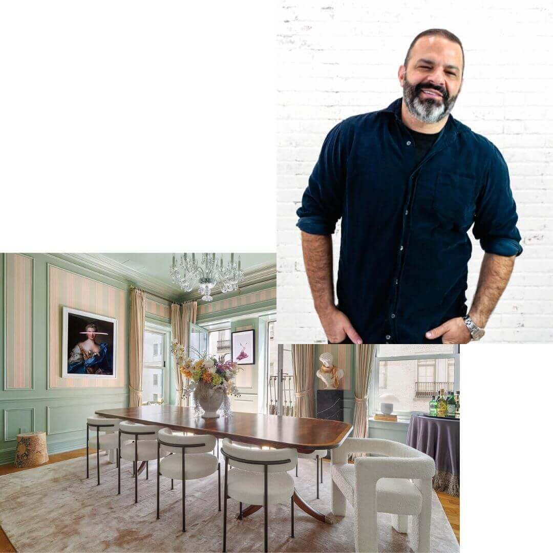 two pictures stacked. one is off dining room with white walls and gray chairs and another is a headshot 