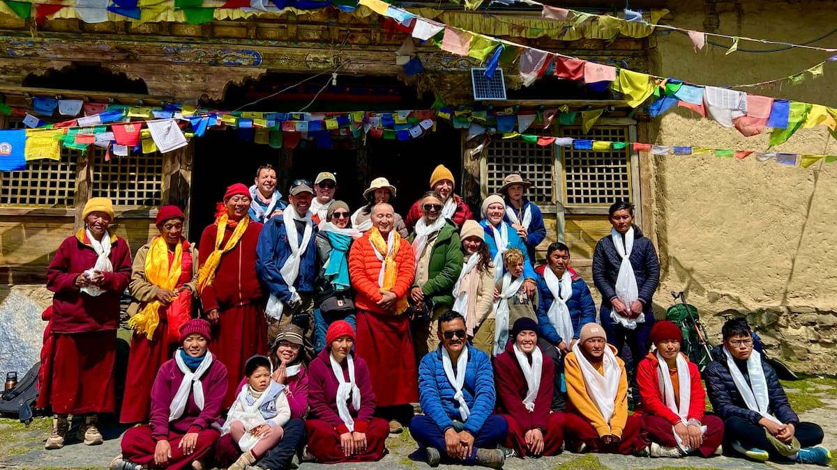 Dr. Miles Neale with pilgrims at the World Peace Stupa, Rachen Nunnery, Tsum Valley, Nepal