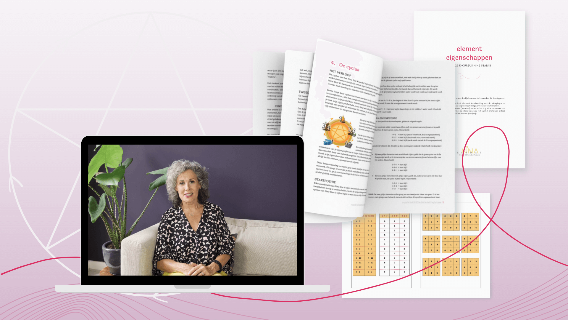 Illustratie van de leeromgeving en materialen in de e-cursus Nine Star Ki