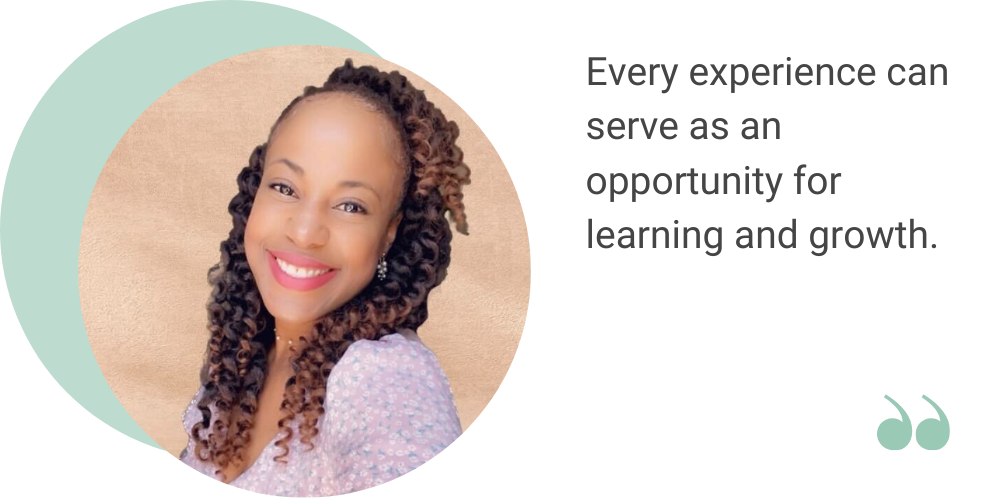 A close up picture of Ebony, cut off at the shoulders on a beige background. With the quote: Every experience can serve as an opportunity for learning and growth.