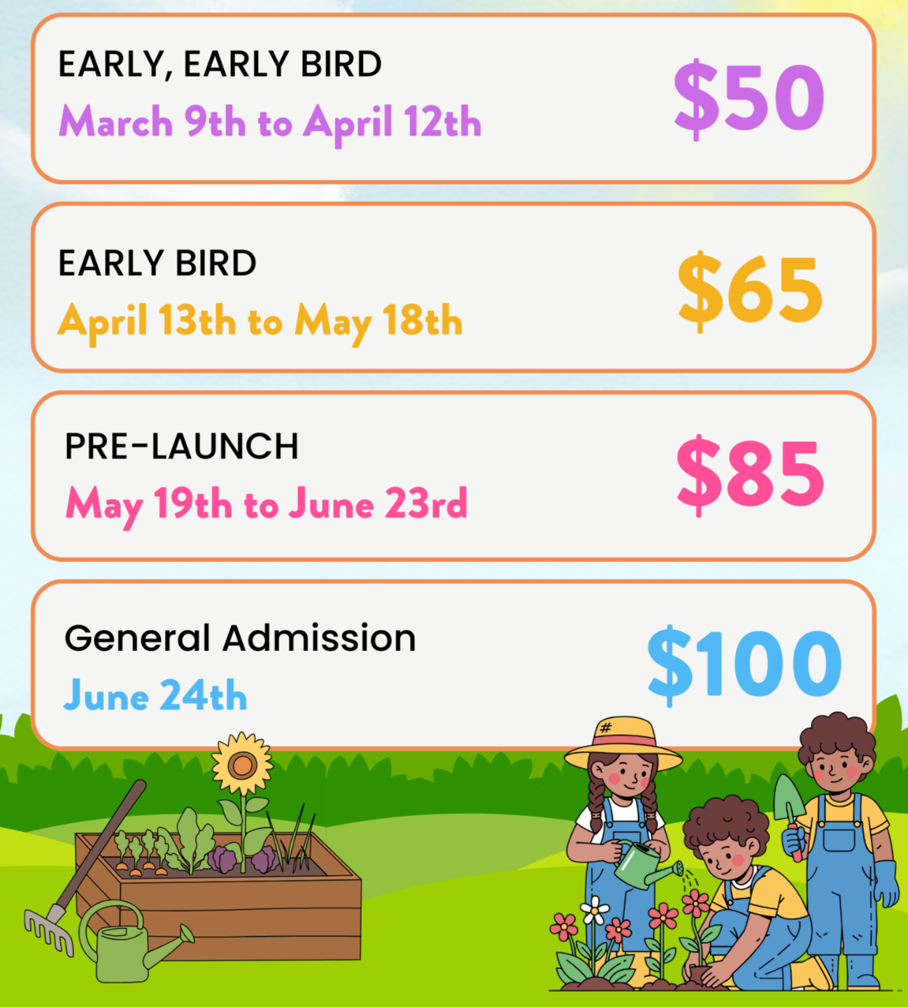Pricing Tiers Early, Early Bird $50 September 7th - October 14th Early Bird $65 October 15th - November 14th Pre-Launch $85 November 15th - January 20th General Admission $100 January 21st - January 31st
