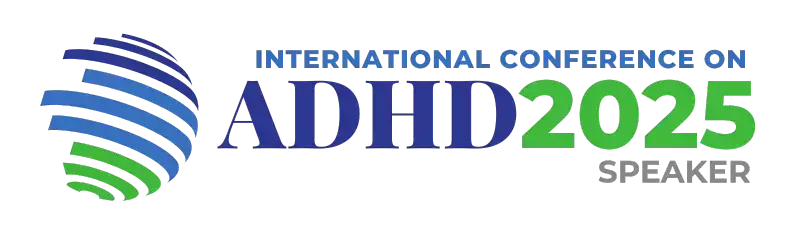 International Conference on ADHD 2025 speaker is written on the right with a spherical looking blue and green image on the left.