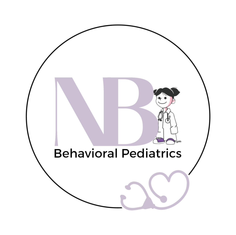 NB Behavioral Pediatrics is written inside a circle with a stethoscope shaped like a heart at the bottom and a little girl standing next to the B in NB.