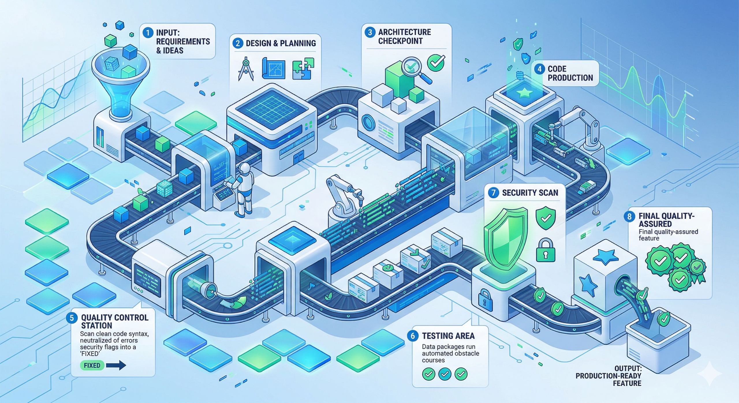AI Software Factory assembly line — from requirements to production-ready