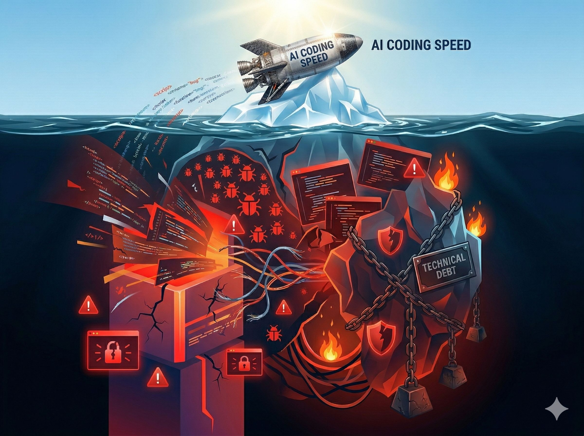 AI coding speed iceberg — the hidden technical debt beneath