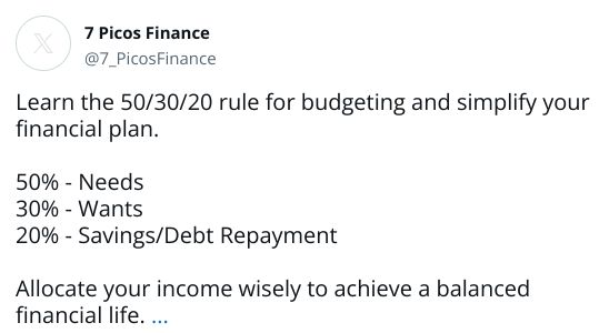 Learn the 50/30/20 rule for budgeting and simplify your financial plan.50% - Needs30% - Wants20% - Savings/Debt RepaymentAllocate your income wisely to achieve a balanced financial life. #BudgetingRule #FinancialPlanning pic.twitter.com/YjCvwBbaz1
