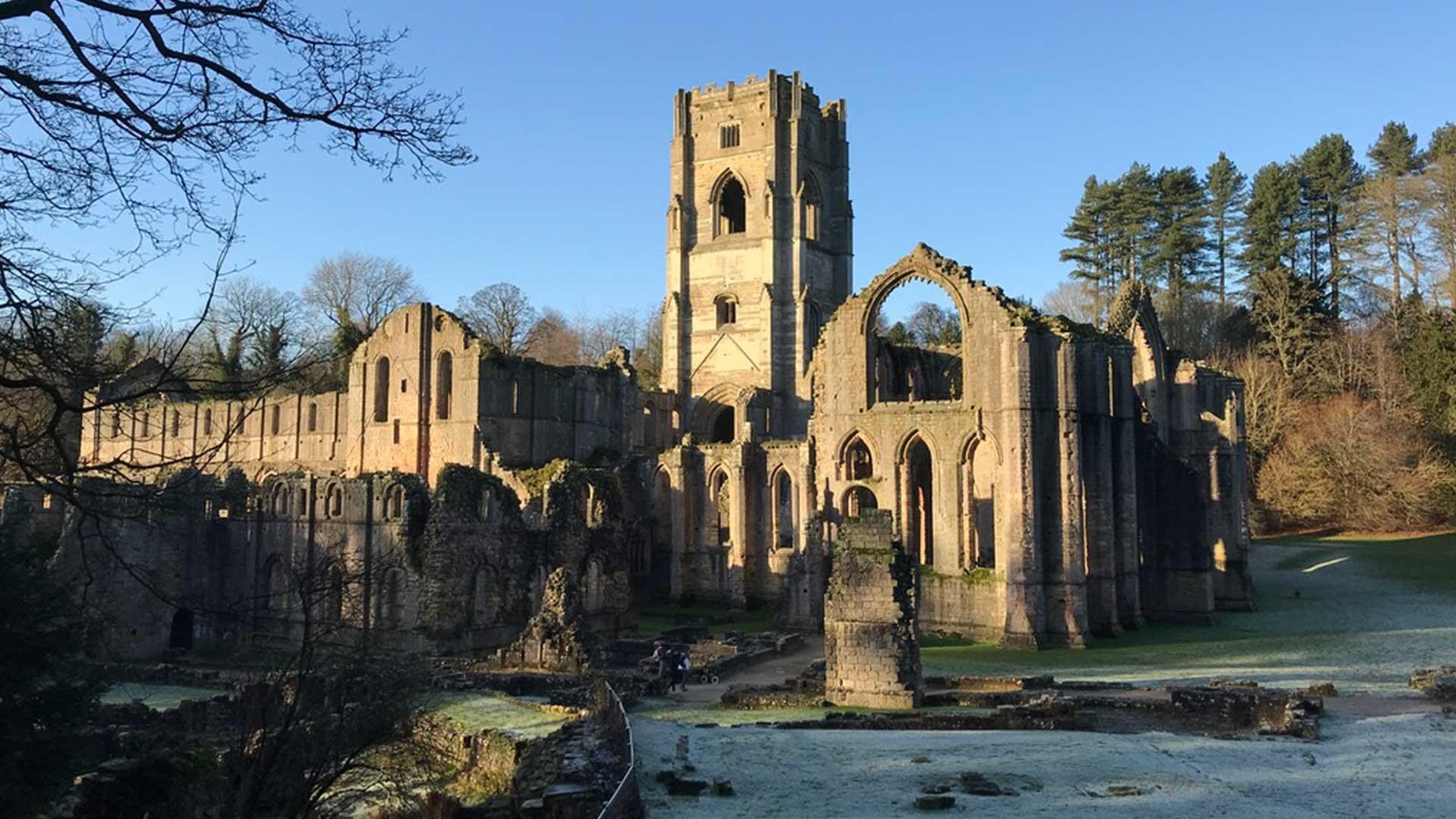 Frosty Fountains Abbey in the winter sunlight